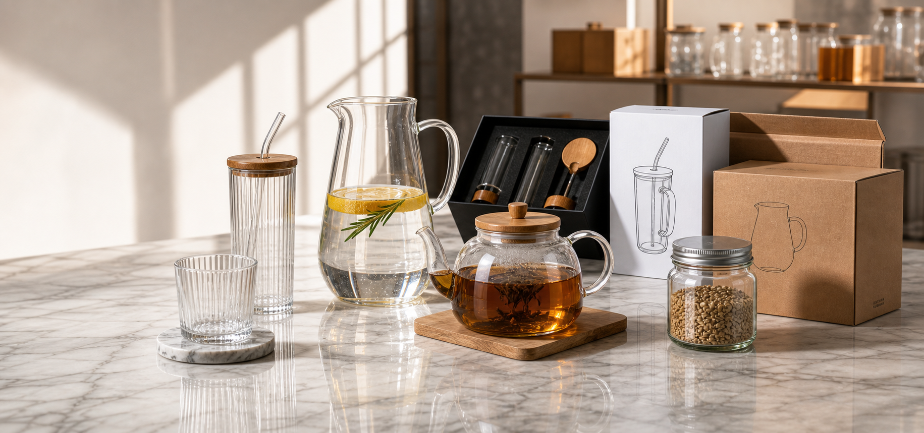 OEM glassware, packaging, pitcher, teapot, cup and storage jar on a showroom table