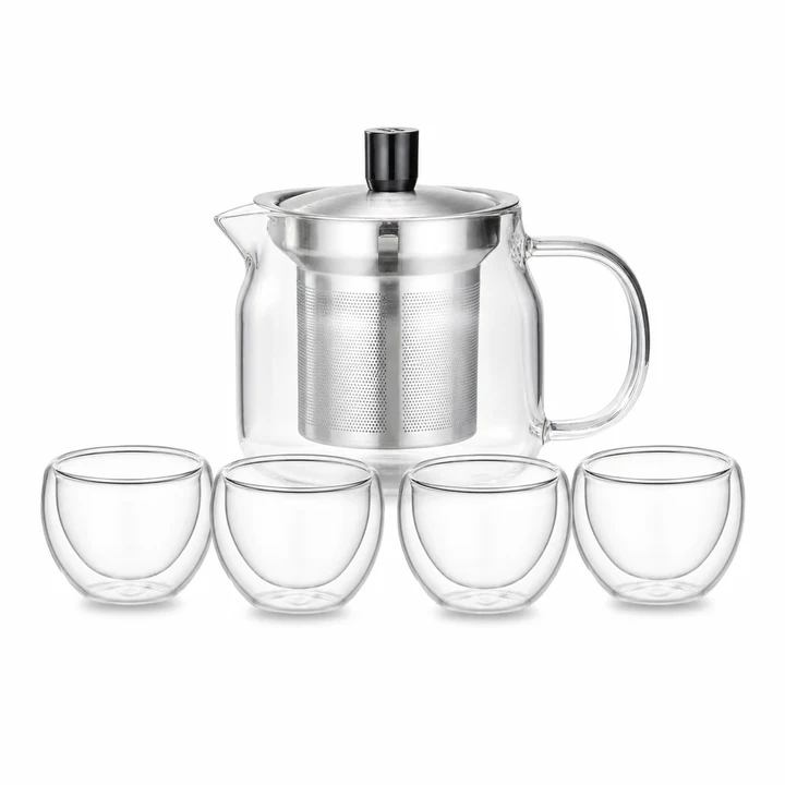 Glass Teapot Set with 4 Double Wall Tea Cups for an OEM glassware order