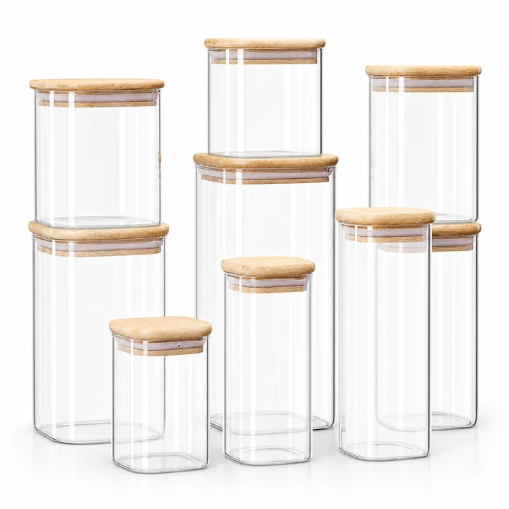 Square Glass Pantry Jars with Bamboo Lids for an OEM glassware order
